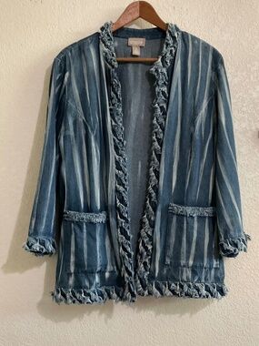 This Chico's elevated open-front,jacket in dark & light denim 100% cotton NWOT